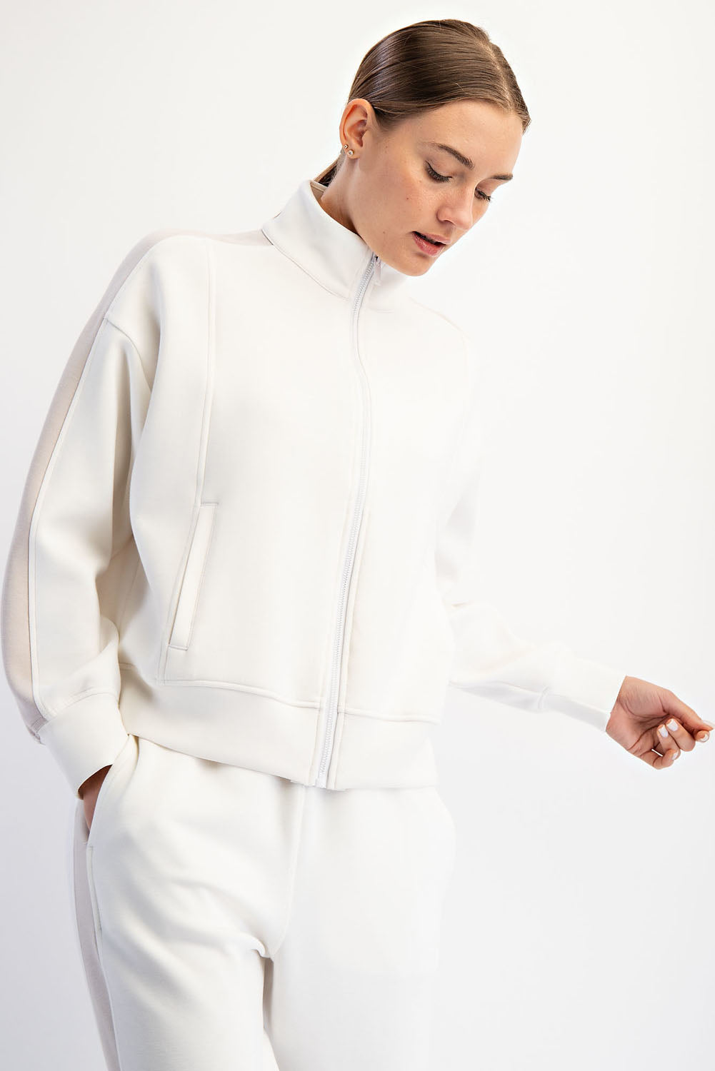 Effortless Essential Contrasted Strip Zip Up Jacket - Cream/Mocha Cream