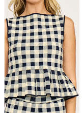 Load image into Gallery viewer, Navy and white checkered sleeveless top with a peplum waist.
