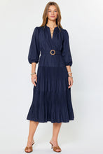 Load image into Gallery viewer, Woman wearing a navy blue midi dress with a belt on a white background
