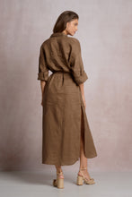 Load image into Gallery viewer, Woman wearing a brown dress with a belt against a plain background

