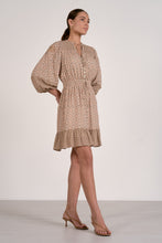 Load image into Gallery viewer, Woman wearing a beige dress with elastic waistband and long sleeves on a white background. Mini Dress
