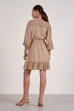Load image into Gallery viewer, Woman wearing a beige dress with elastic waistband and long sleeves on a white background. Mini Dress
