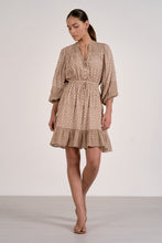 Load image into Gallery viewer, Woman wearing a beige dress with elastic waistband and long sleeves on a white background. Mini Dress
