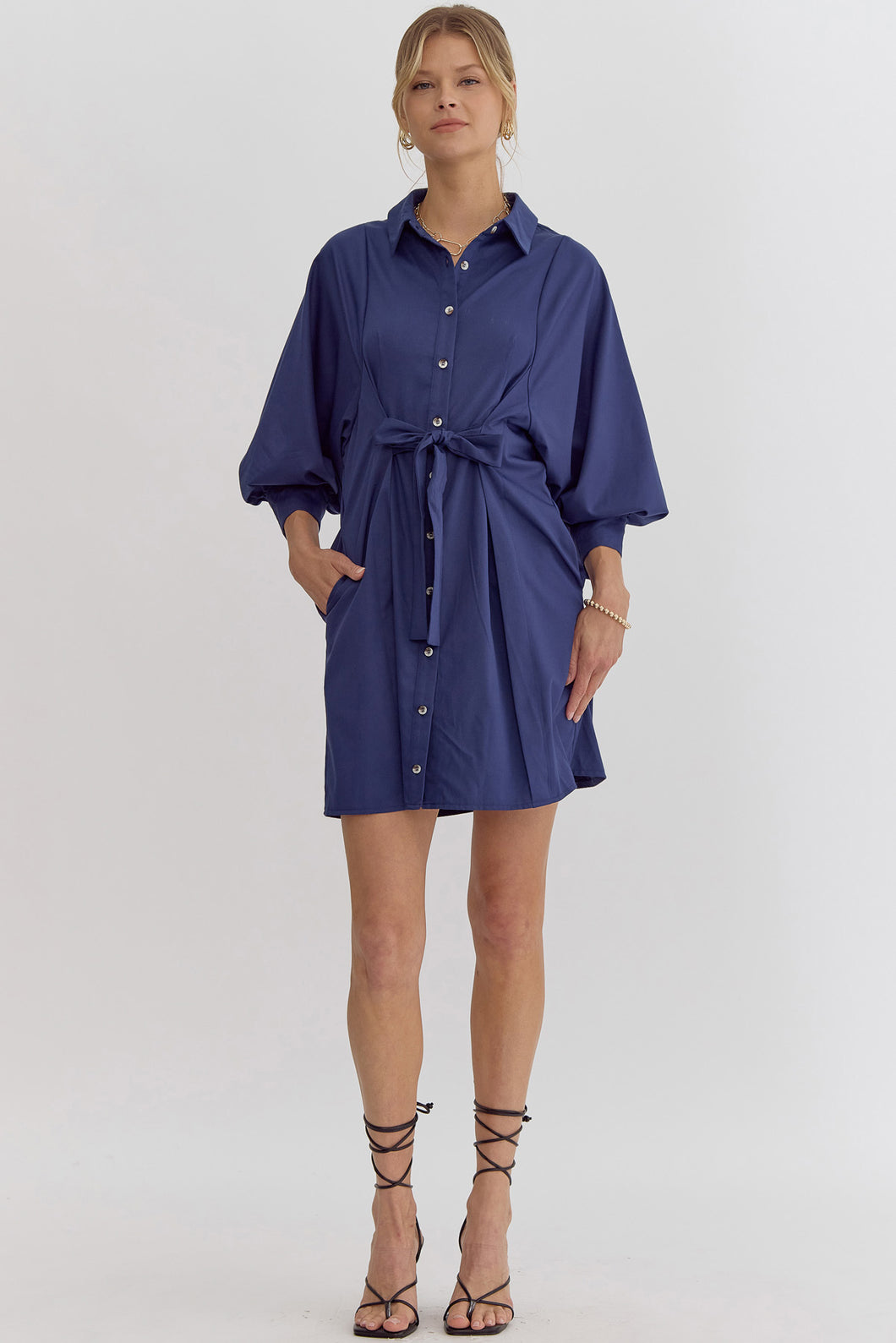 In My Own Era Mini Button Down Dress - Navy Blue