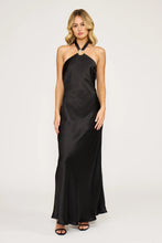 Load image into Gallery viewer, Woman wearing a black halter neck gown on a white background
