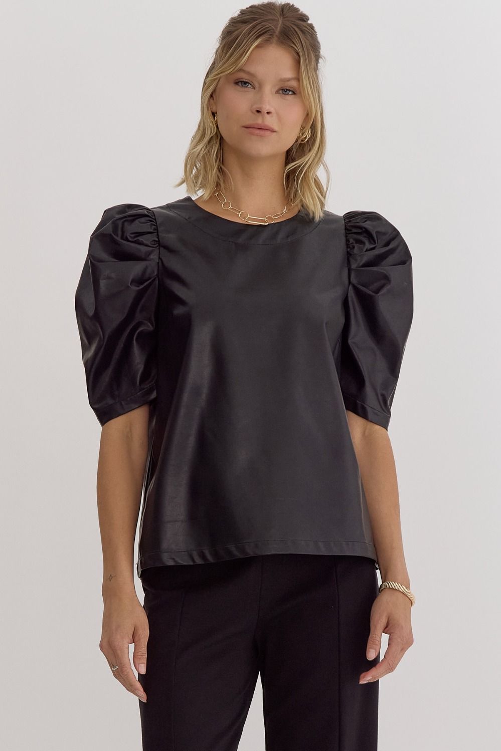 Fiona Vegan Leather Puffed Sleeve Top