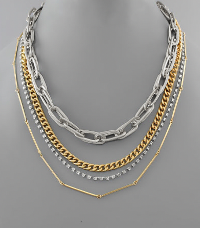 Four Row Chain & Crystal Necklace